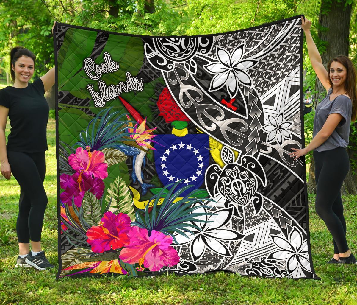 Cook Islands Premium Quilt - Turtle Plumeria Banana Leaf Black - Polynesian Pride