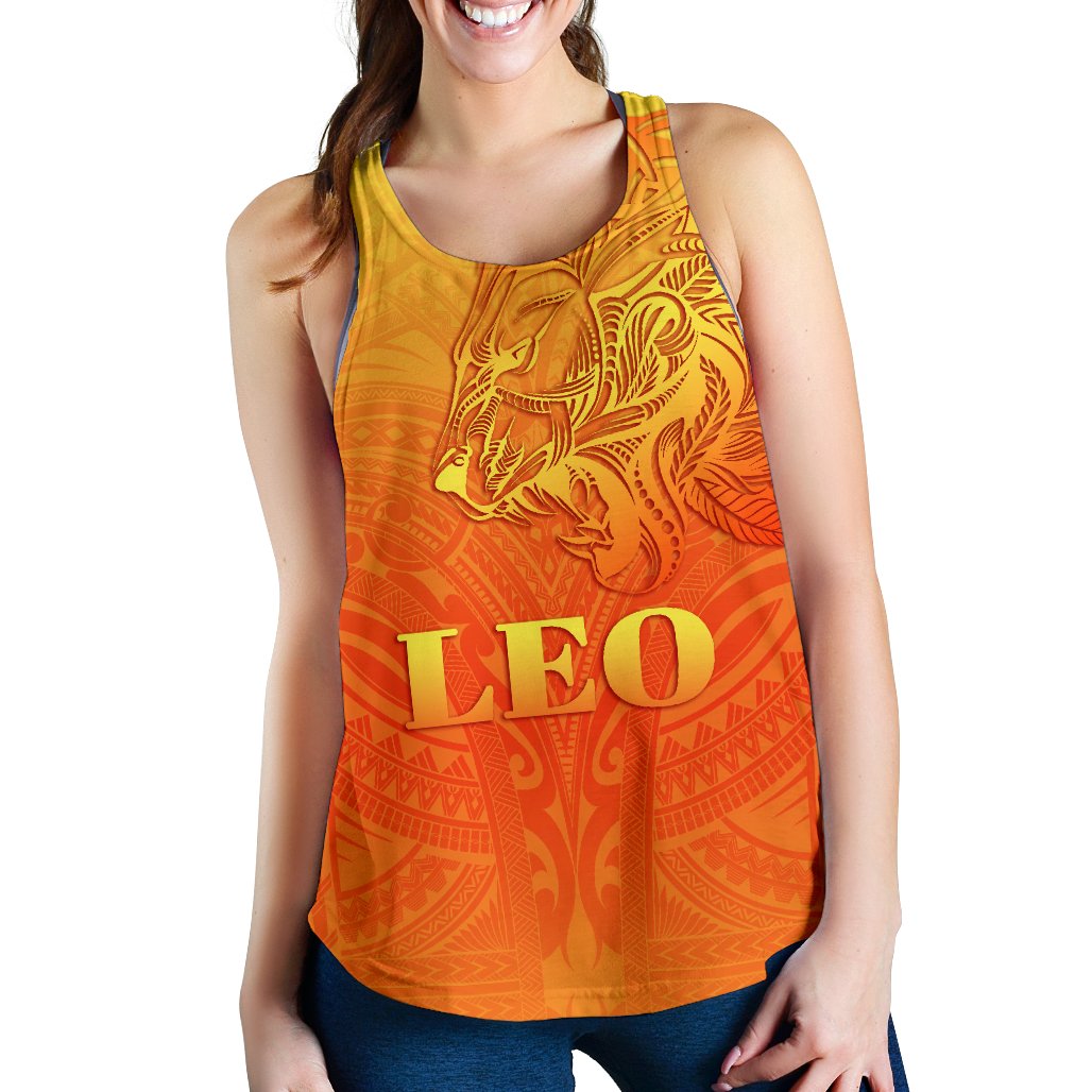 Sun In Leo Zodiac Women Racerback Tank Polynesian Tattoo Simple - Orange Orange - Polynesian Pride