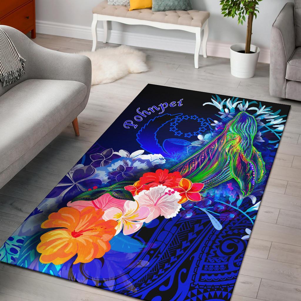 Pohnpei Area Rug - Humpback Whale with Tropical Flowers (Blue) Blue - Polynesian Pride