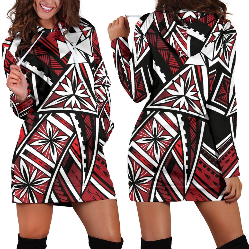 Wallis and Futuna Women's Hoodie Dress - Tribal Flower Special Pattern Red Color - Polynesian Pride