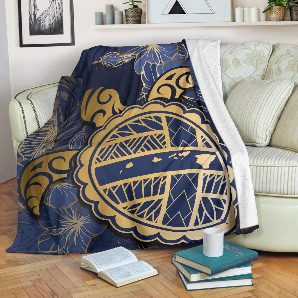 Hawaii Turtle Hibiscus Gold Premium Blanket - Kyn Style White - Polynesian Pride