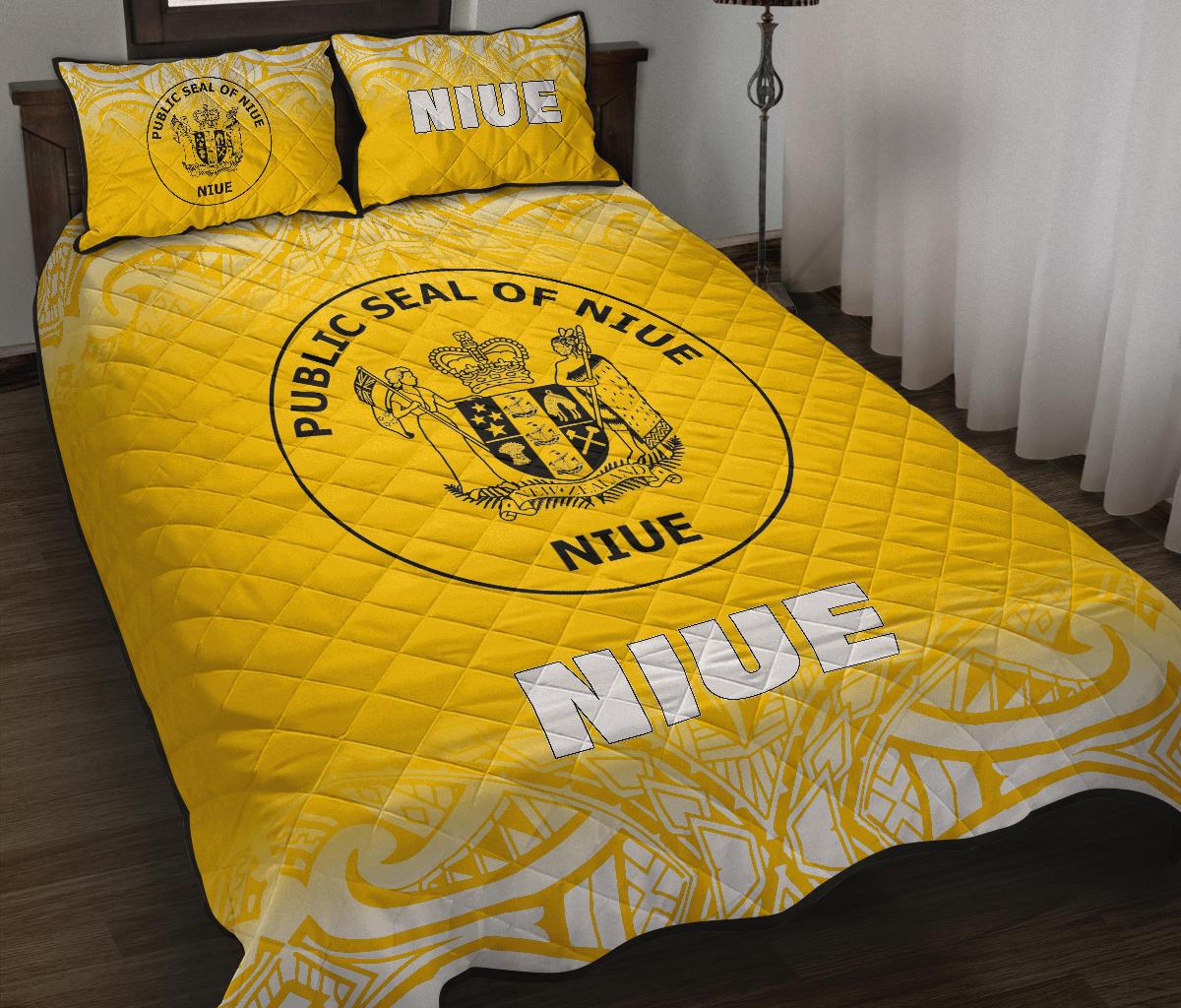 Niue Quilt Bed Set - Niue Coat Of Arms Polynesian Tattoo Fog Yellow Style - Polynesian Pride