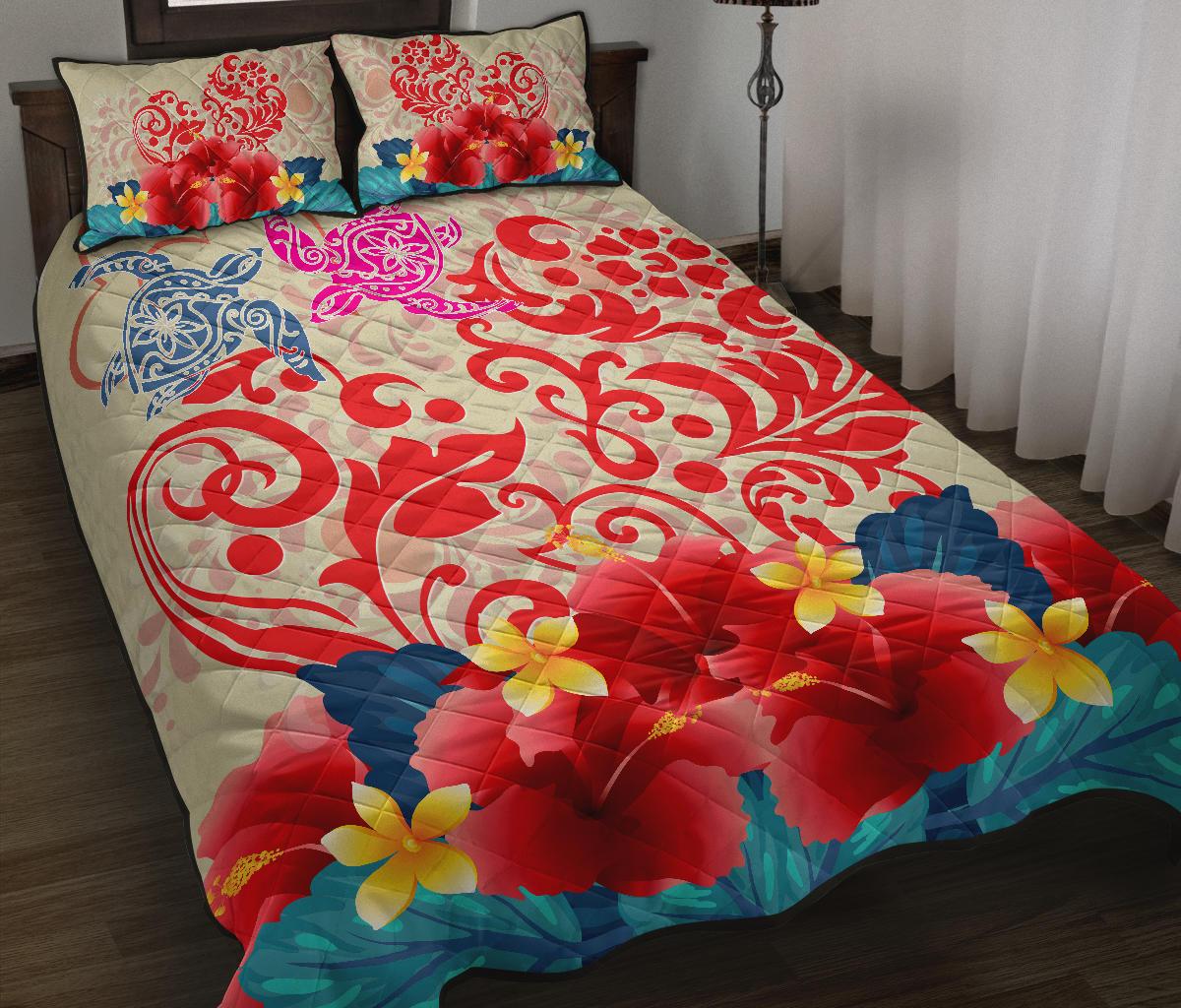 Hawaii Turtle Couple Hibiscus Valentine Pattern Quilt Bed Set - Romance Style - AH - Polynesian Pride