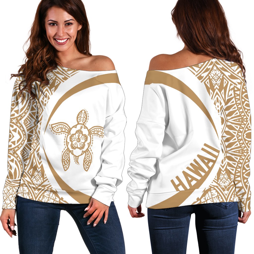 Hawaii Turtle Polynesian Women's Off Shoulder Sweater - Circle Style - AH - Golden 02 White - Polynesian Pride