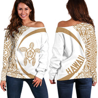 Hawaii Turtle Polynesian Women's Off Shoulder Sweater - Circle Style - AH - Golden 02 White - Polynesian Pride