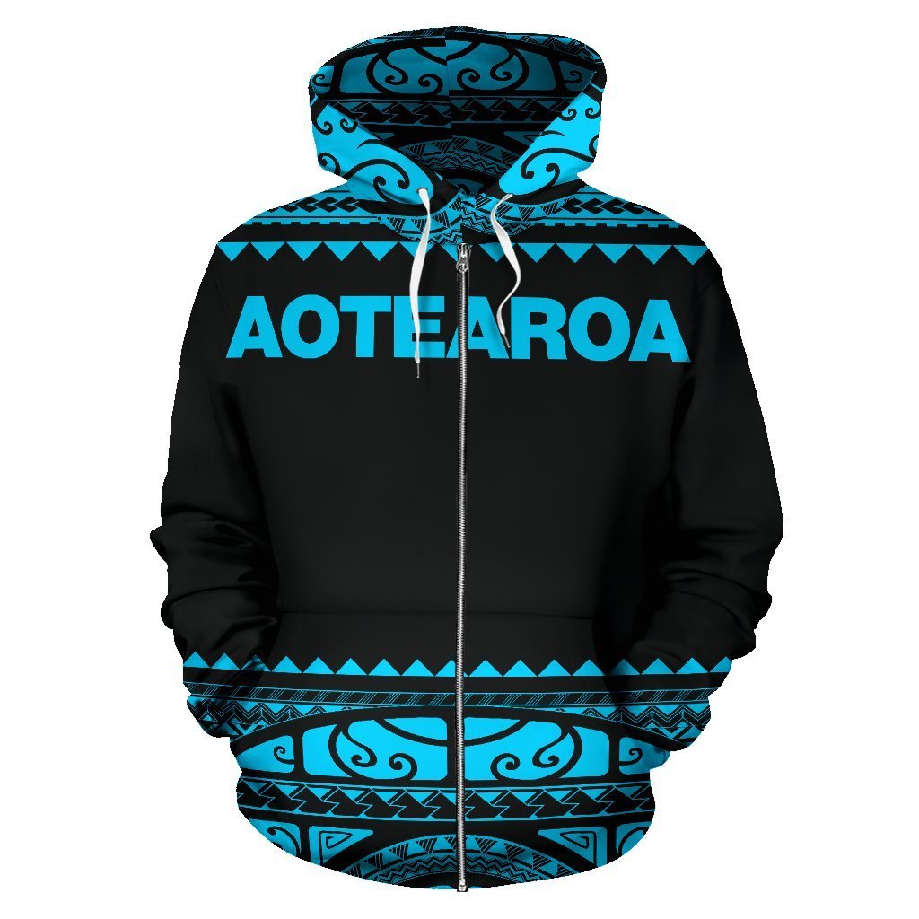New Zealand Maori Zip up Hoodie, Aotearoa Silver Fern Zipper Hoodie Blue - Polynesian Pride