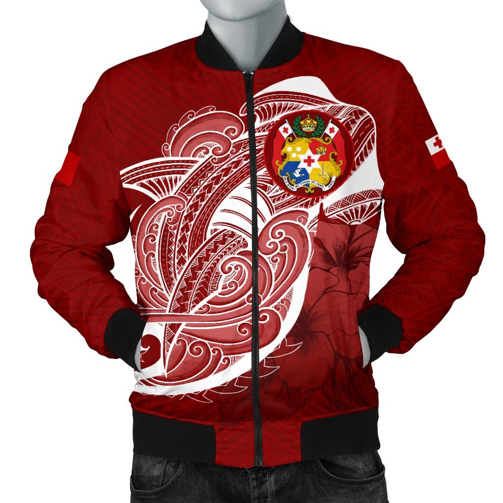 Tonga Men'S Bomber Jacket Shark Coat Of Arms Red - Polynesian Pride