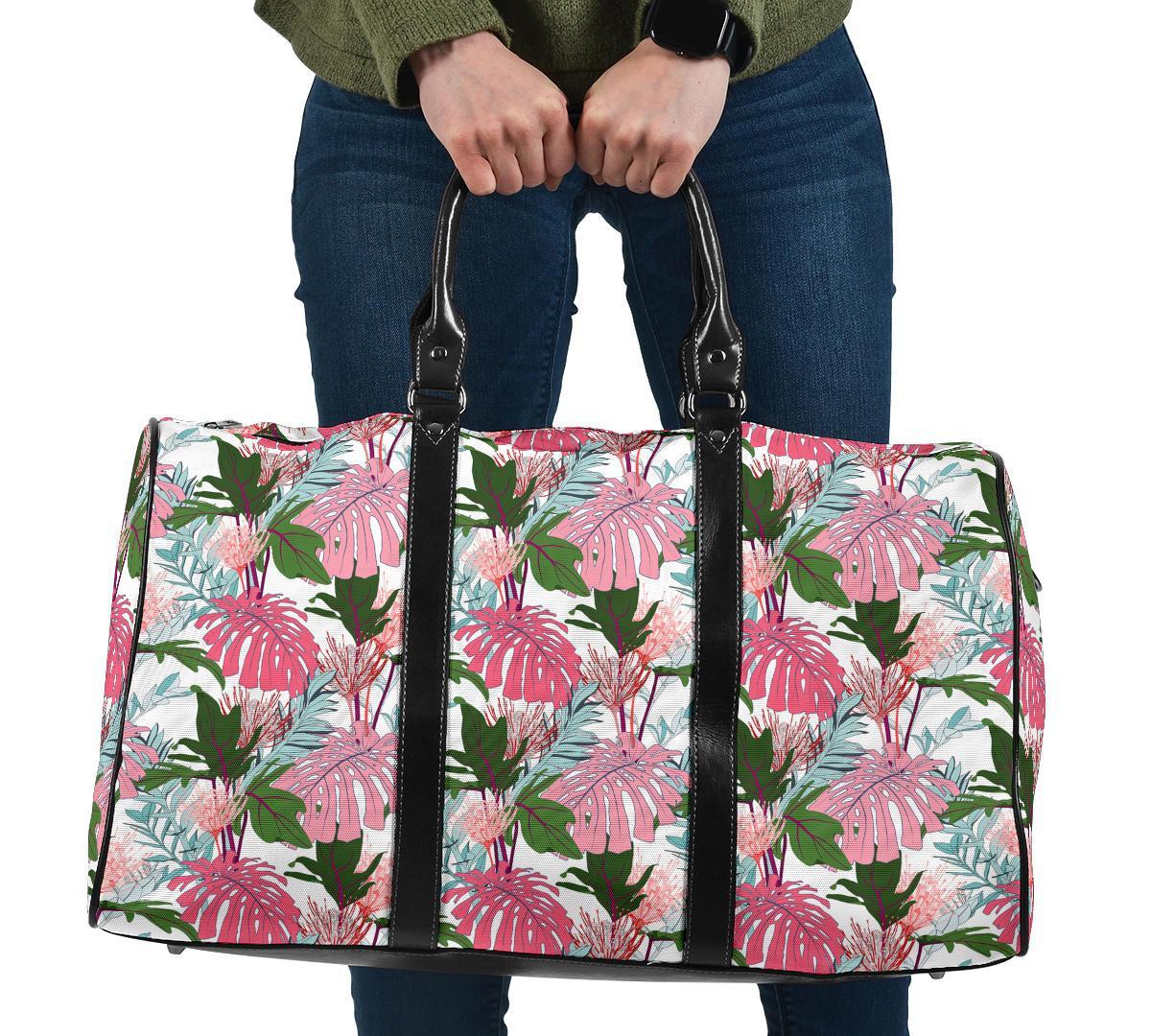 Pink Monstera And Green Tropical Leaves White Hawaii Travel Bag Travel Bag One size Black - Polynesian Pride