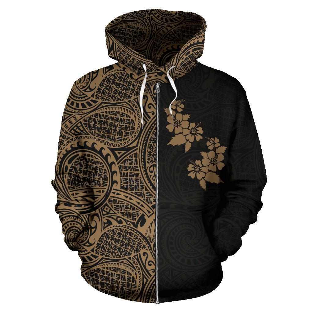 Hibiscus Hoodie Zip up Polynesian Half Style Gold - Polynesian Pride
