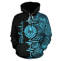 Tahiti Polynesian Hoodie Tahiti Flag Heartbeat Pattern Blue Version TH0 - Polynesian Pride