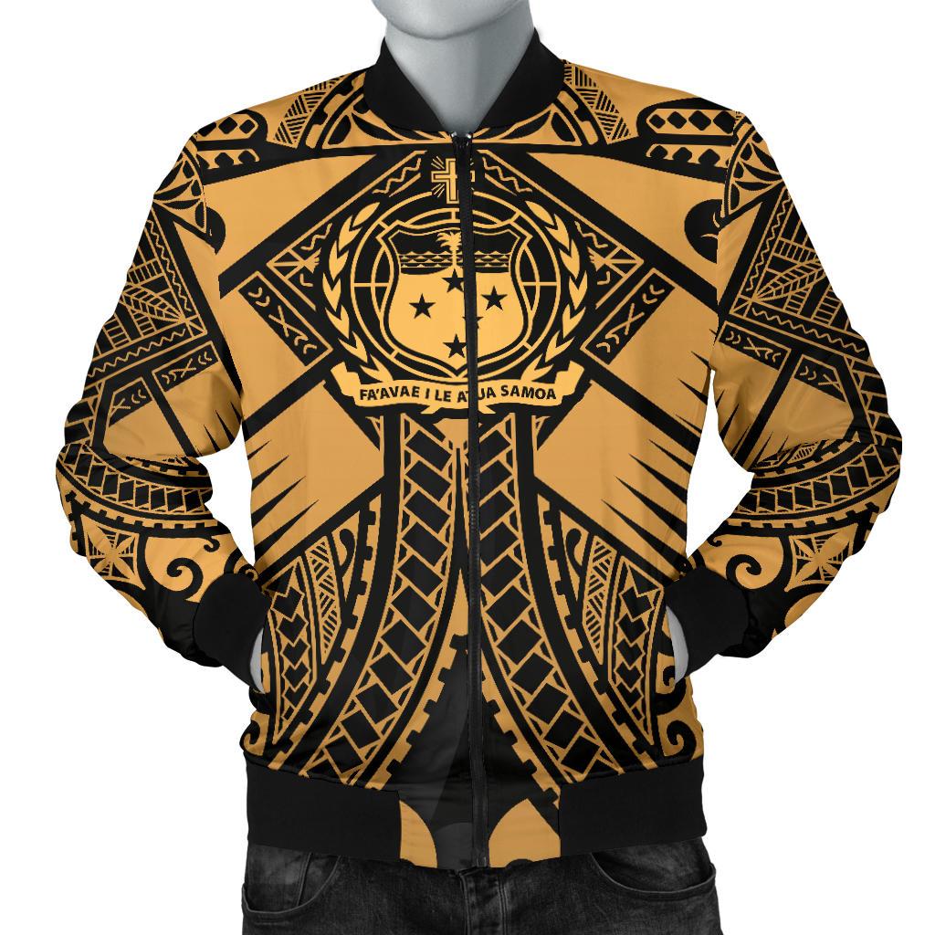 Samoa Polynesian Men's Bomber Jacket - Samoa Gold Seal with Polynesian Tattoo Gold - Polynesian Pride