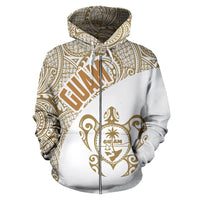 Guam Zip up Hoodie Guam Coat of Arm In Turtle Polynesian Tattoo White Gold - Polynesian Pride