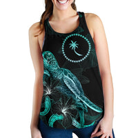 Chuuk Polynesian Women Tank Top - Turtle With Blooming Hibiscus Turquoise - Polynesian Pride