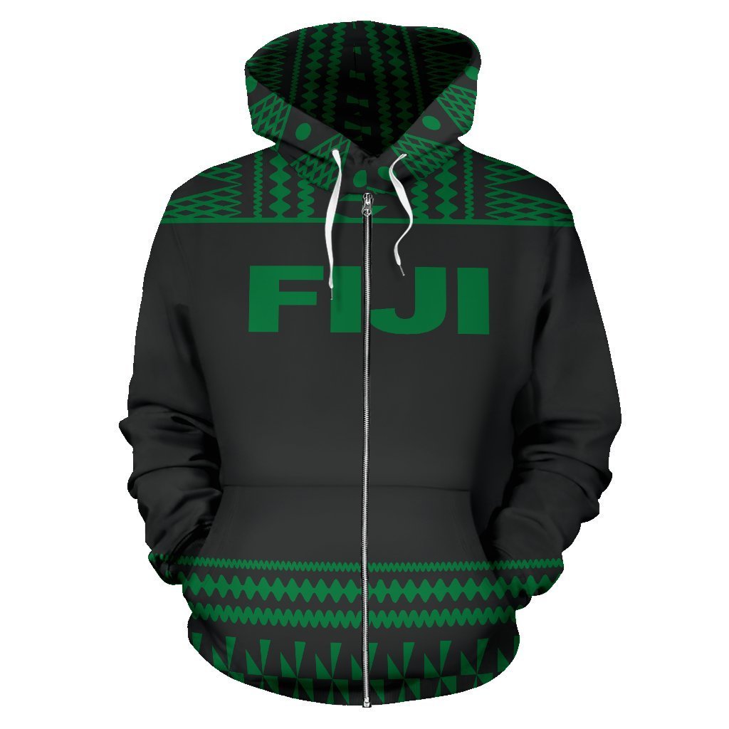 Fiji Tapa All Over Zip up Hoodie Green and Black Version - Polynesian Pride