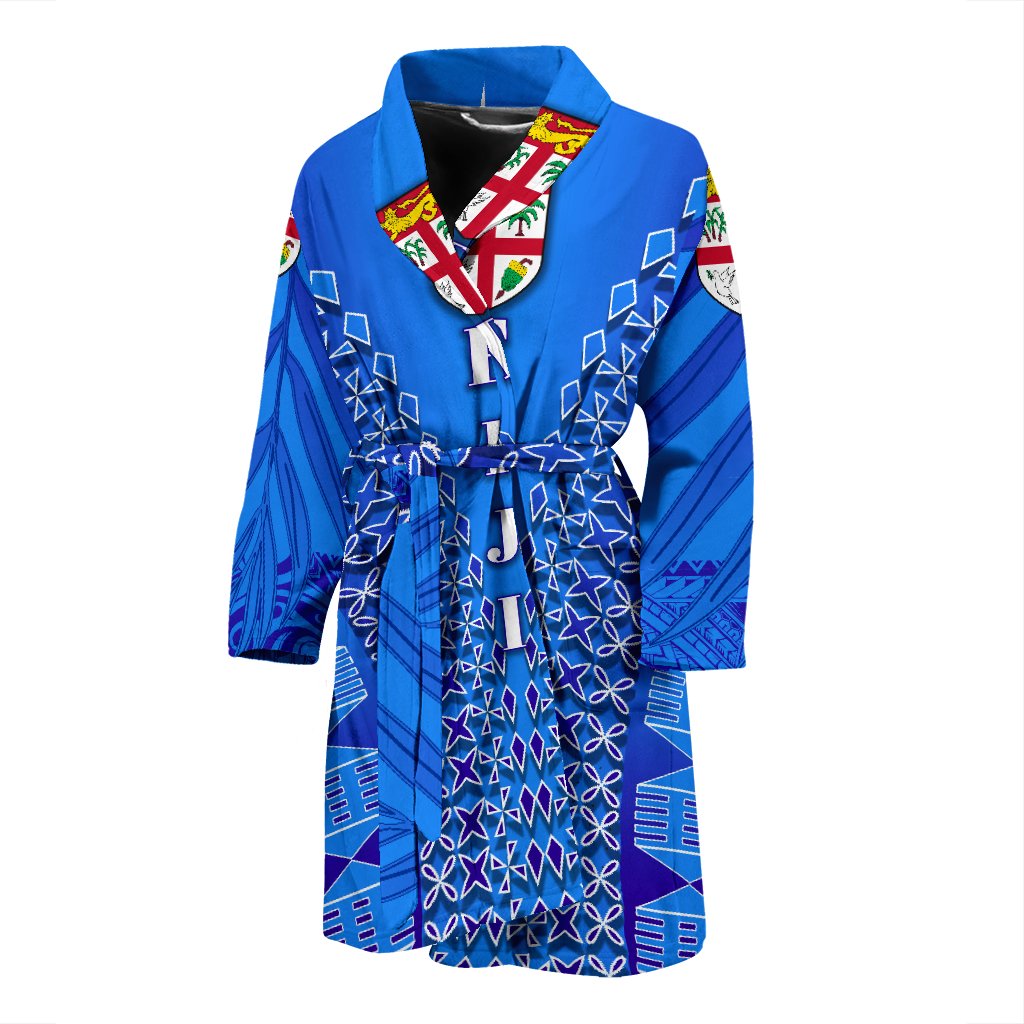 Fiji Drua Men Bath Robe Tapa Men's Bath Robe Universal Fit Blue - Polynesian Pride