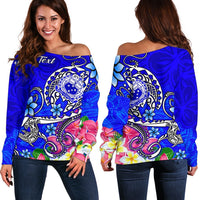 Samoa Custom Personalised Women's Off Shoulder Sweater - Turtle Plumeria (Blue) Blue - Polynesian Pride