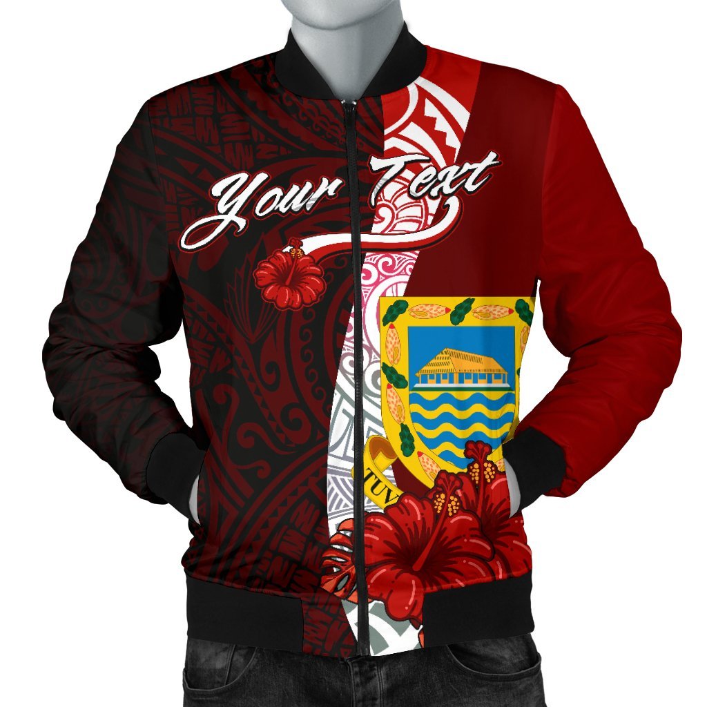 Tuvalu Polynesian Custom Personalised Men's Bomber Jacket - Coat Of Arm With Hibiscus Red - Polynesian Pride