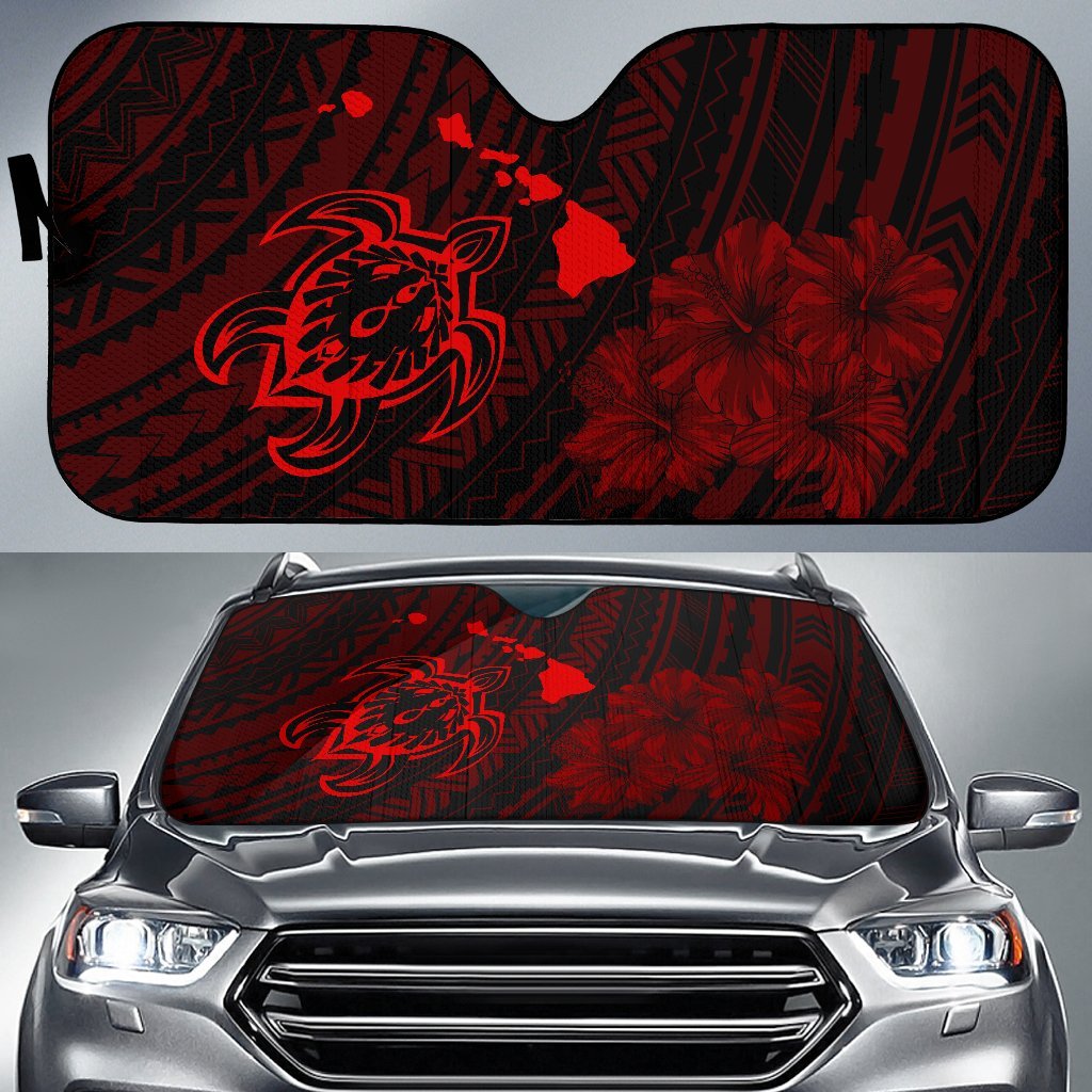 Hawaiian Hibiscus Sea Turtle Swim Polynesian Car Sun Shade - AH - Red Auto Sun Shade Universal Fit Red - Polynesian Pride