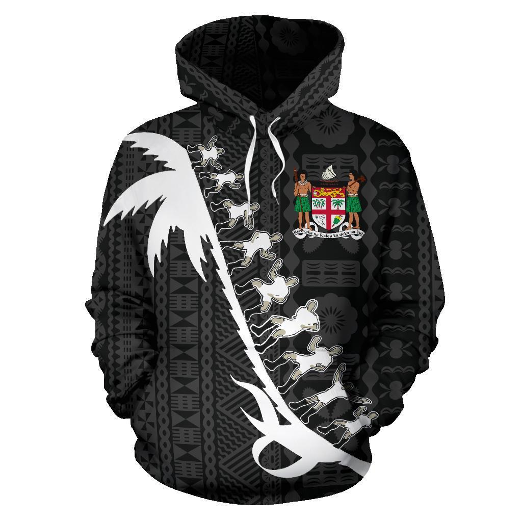 Fiji Tapa Hoodie Fiji Coat of Arms Cibi War Dance Black - Polynesian Pride