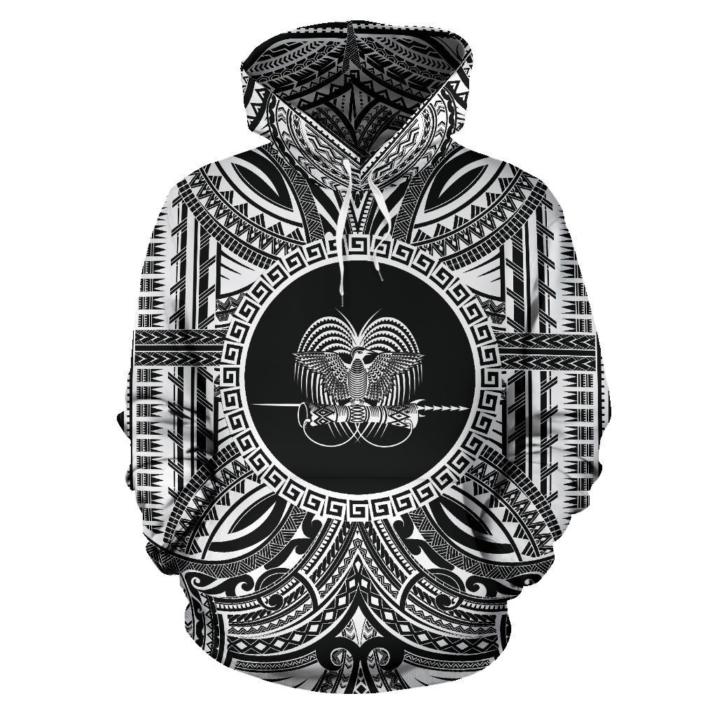Papua New Guinea ll Over Hoodie Papua New Guinea Coat of rms Polynesian White Black Unisex Black - Polynesian Pride