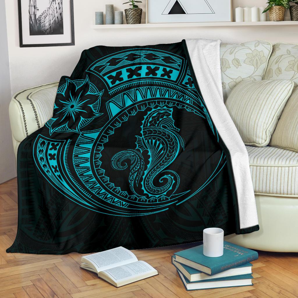 Seahorse Polynesian Blanket - Polynesian Tattoo Blue White - Polynesian Pride