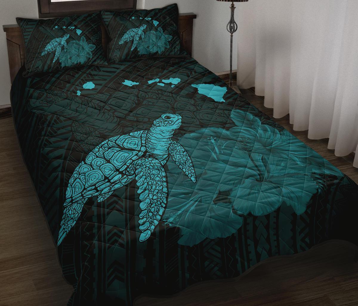 Hawaii Polynesian Hibiscus Turtle Map Quilt Bed Set - AH - Blue - Polynesian Pride