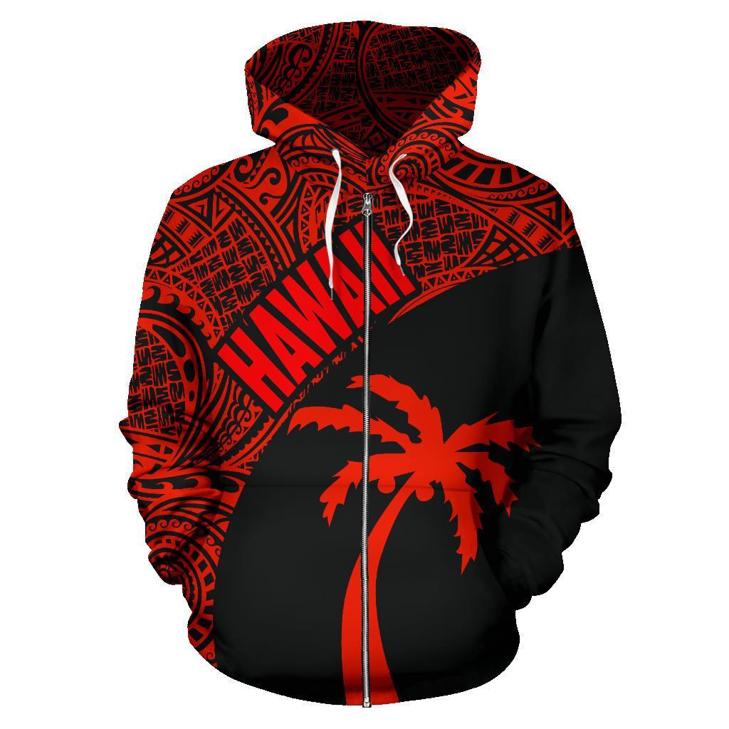 Hawaii Zip up Hoodie Hawaii Coconut Tree Polynesian Tattoo Red Version - Polynesian Pride