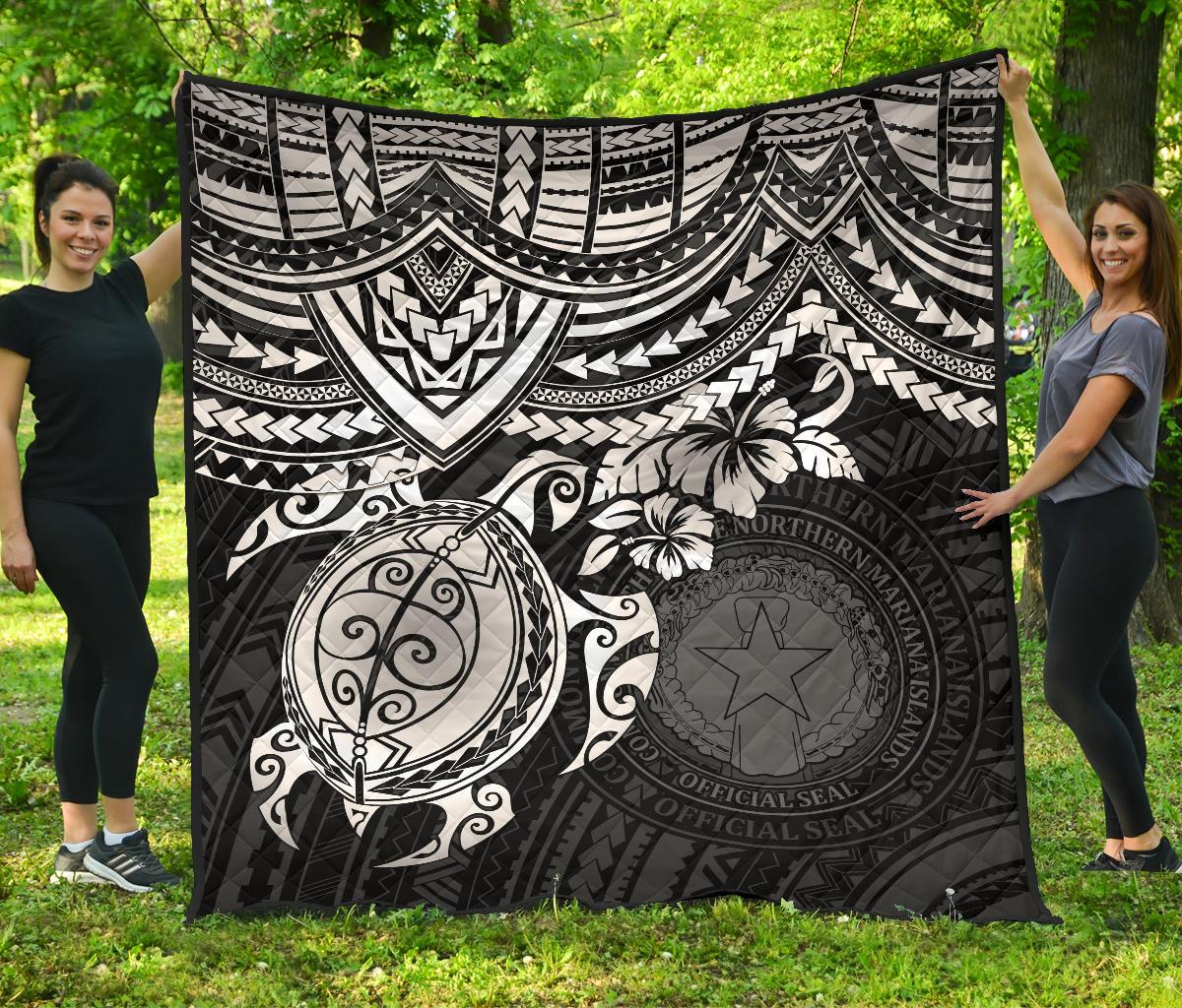 Northern Mariana Islands Polynesian Premium Quilt - Northern Mariana Islands Seal & White Turtle Hibiscus - Polynesian Pride