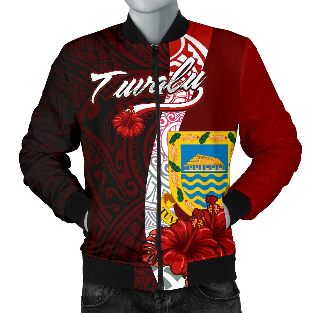 Tuvalu Polynesian Men's Bomber Jacket - Coat Of Arm With Hibiscus Red - Polynesian Pride
