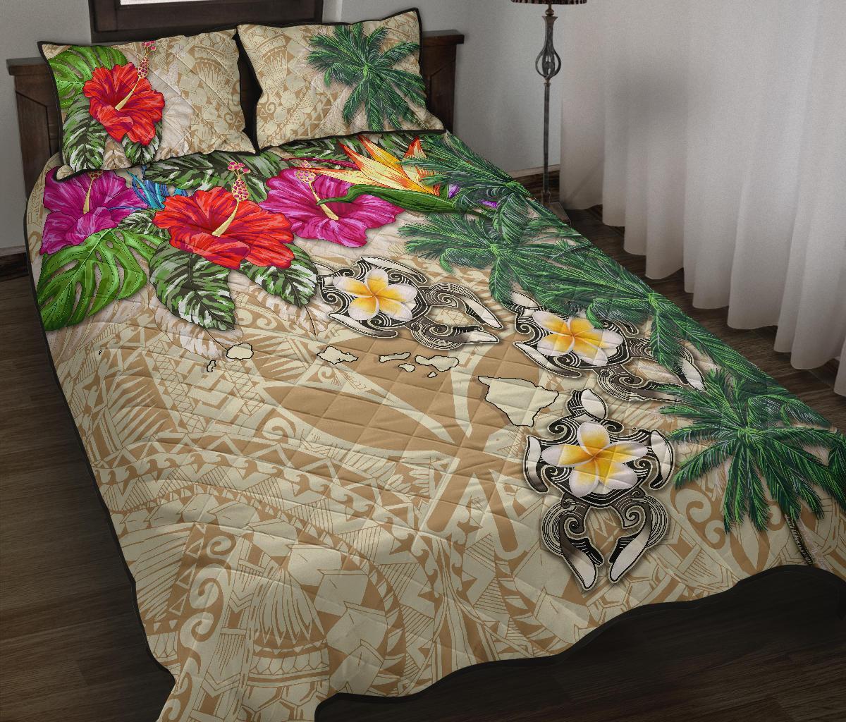 Kanaka Maoli (Hawaiian) Polynesian Quilt Bed Set - Hibiscus Turtle Tattoo Beige - Polynesian Pride