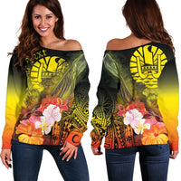 Tahiti Custom Personalised Women's Off Shoulder Sweater - Humpback Whale with Tropical Flowers (Yellow) Yellow - Polynesian Pride