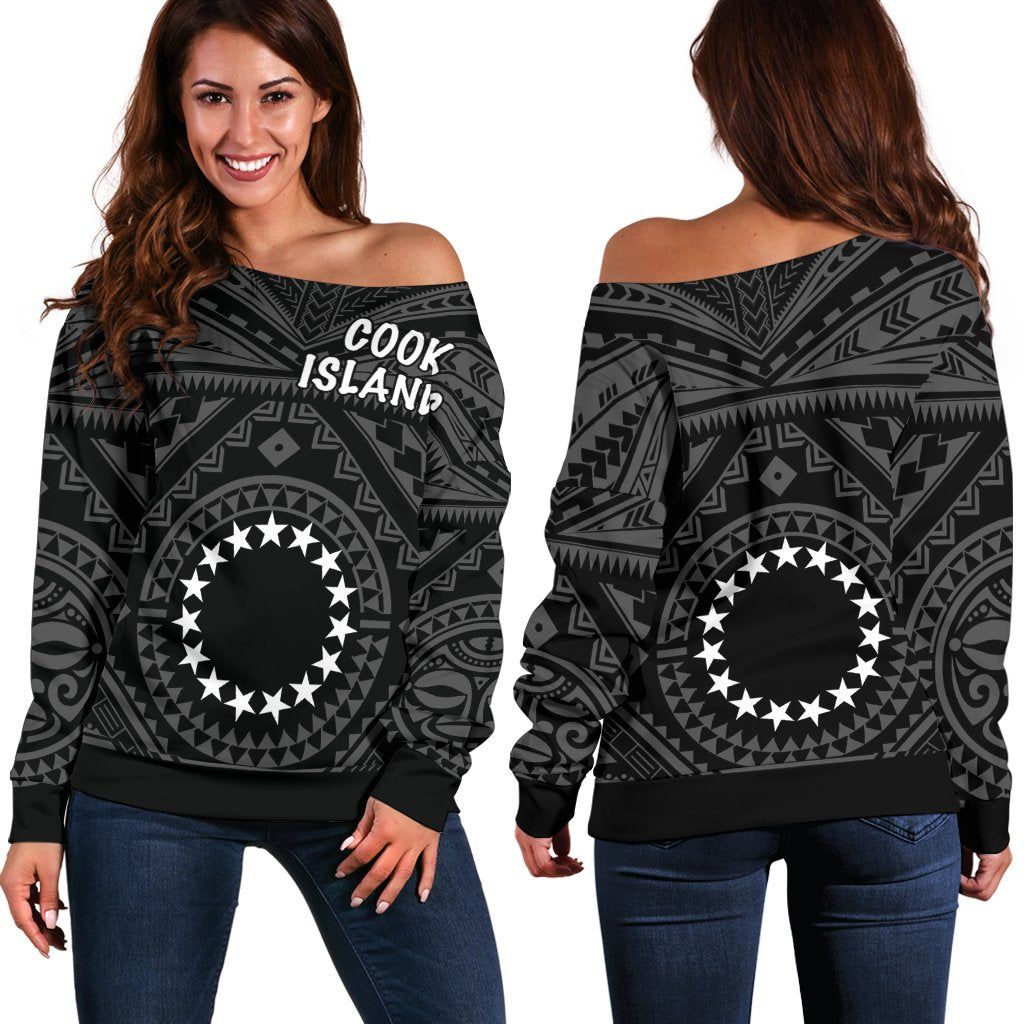 Cook Island Women's Off Shoulder Sweater - Seal With Polynesian Tattoo Style ( Black) - Polynesian Pride