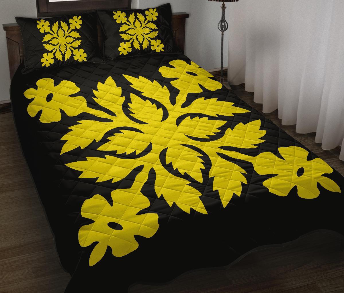 Hawaiian Quilt Bed Set Royal Pattern - Black And Yellow - B2 Style Yellow - Polynesian Pride