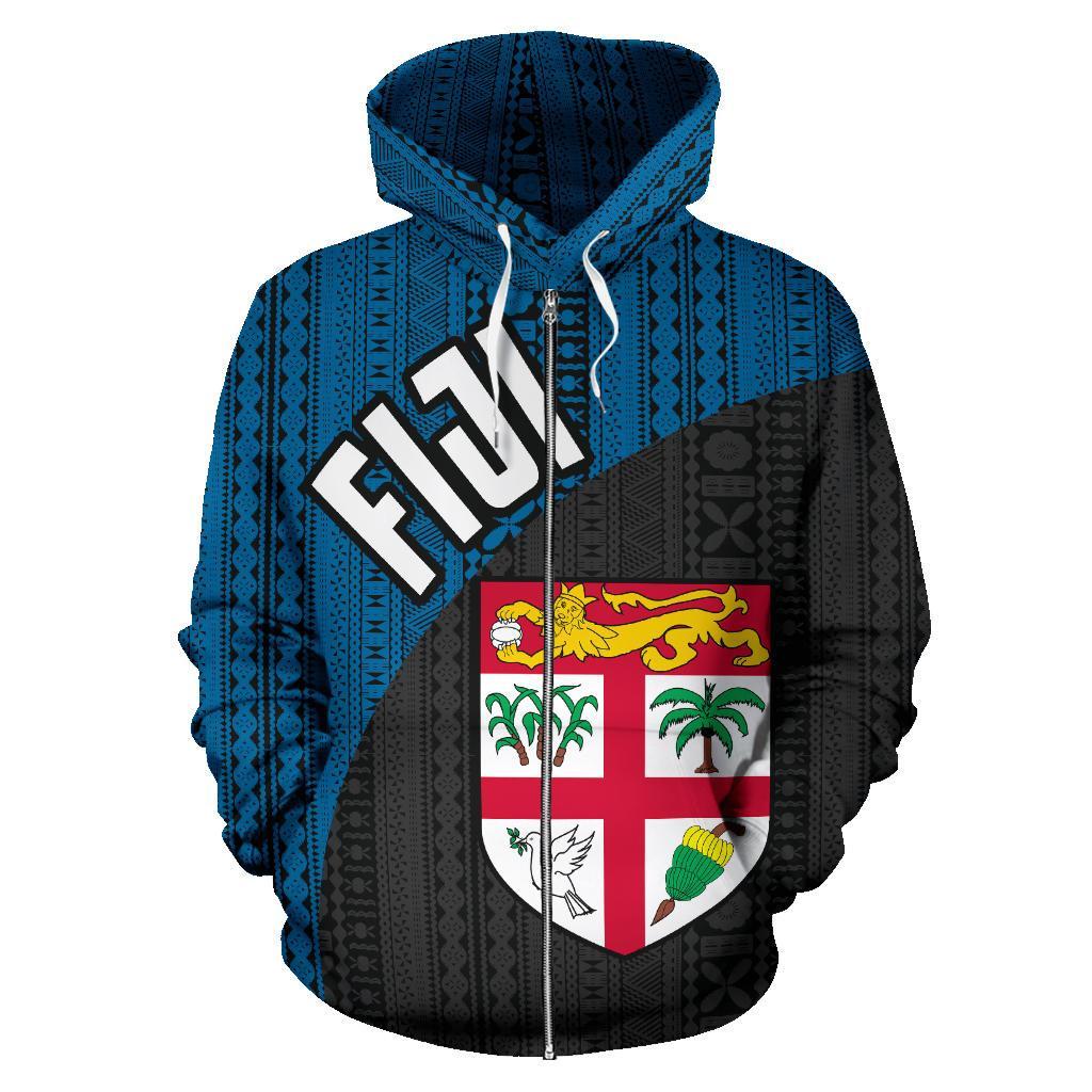 Fiji Tapa Zip up Hoodie Fiji Flag Blue Dark - Polynesian Pride