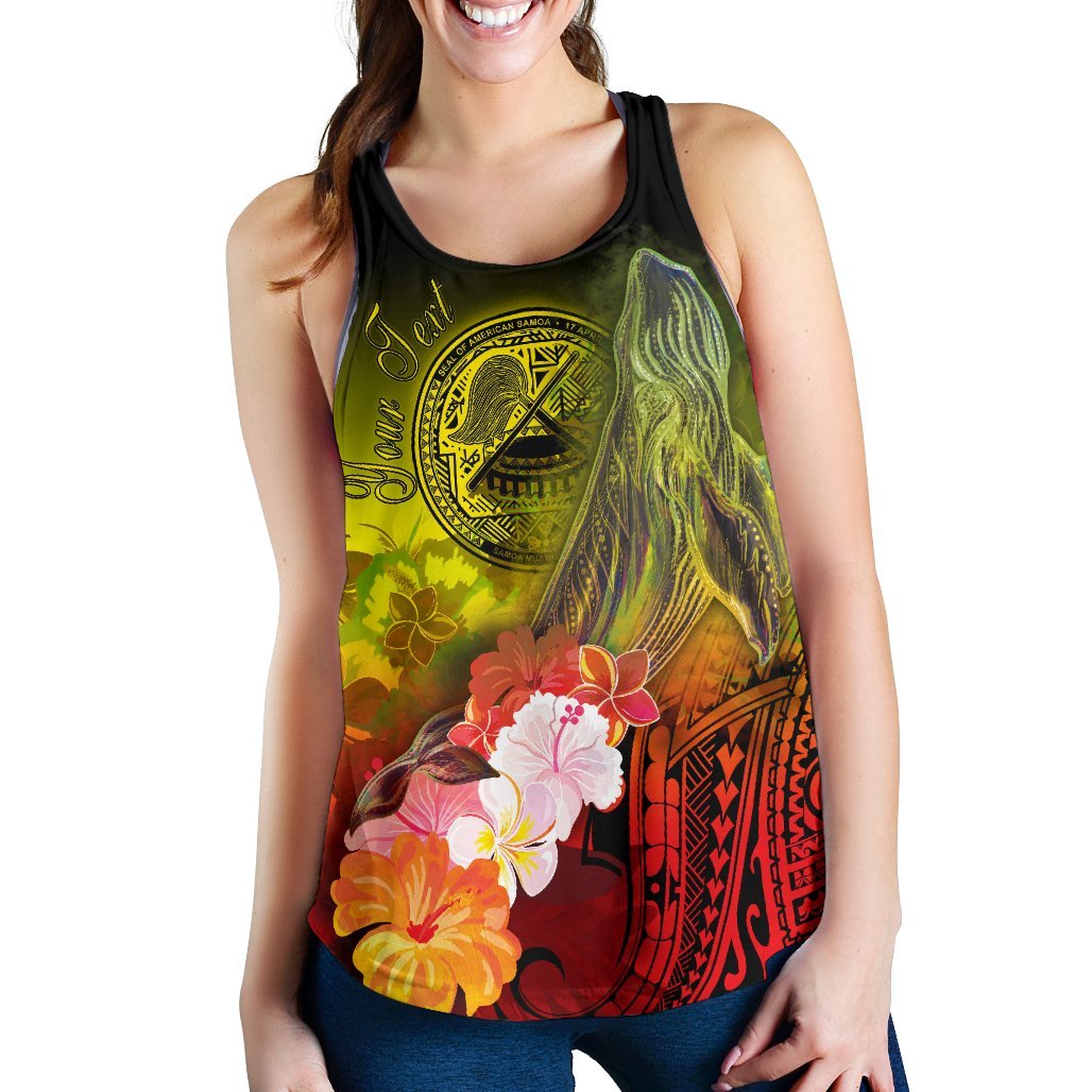 American Samoa Polynesian Custom Personalised Women's Racerback Tank - Humpback Whale with Tropical Flowers - Polynesian Pride