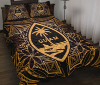 Guam Polynesian Quilt Bed Set - Gold Hibiscus Coat Of Arms Gold - Polynesian Pride