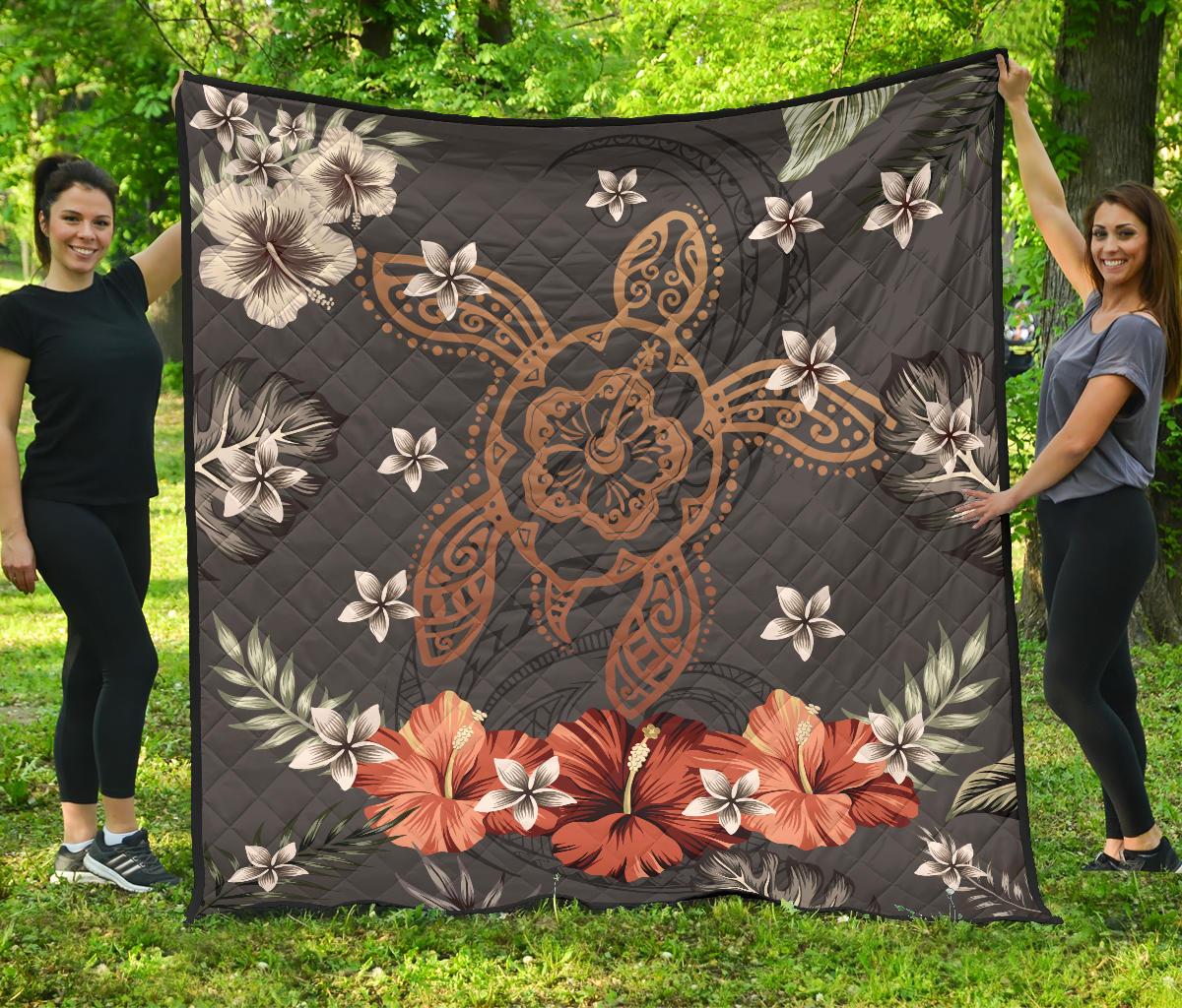 Hawaii Turtle Polynesian Hibiscus Kanaka Style Tropical - Premium Quilt AH Green - Polynesian Pride
