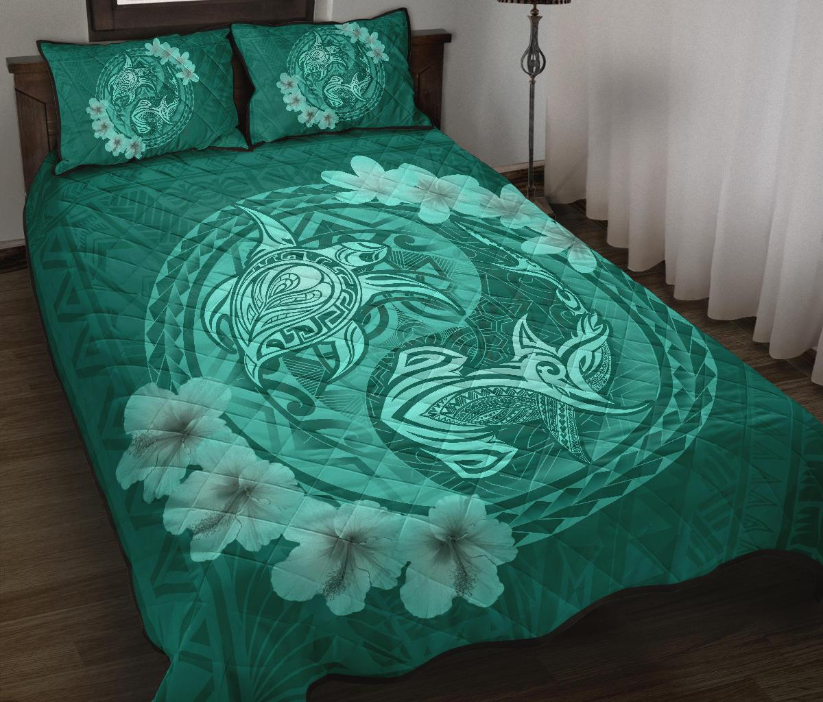 Hawaii Polynesian Turtle Tropical Hibiscus Plumeria Quilt Bet Set - Turquoise - Polynesian Pride