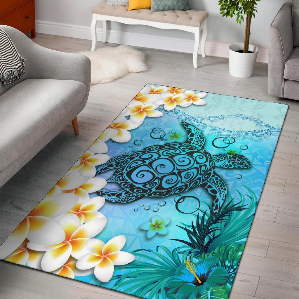 Polynesian Turtle Area Rug, Plumeria with Hibiscus - Polynesian Pride