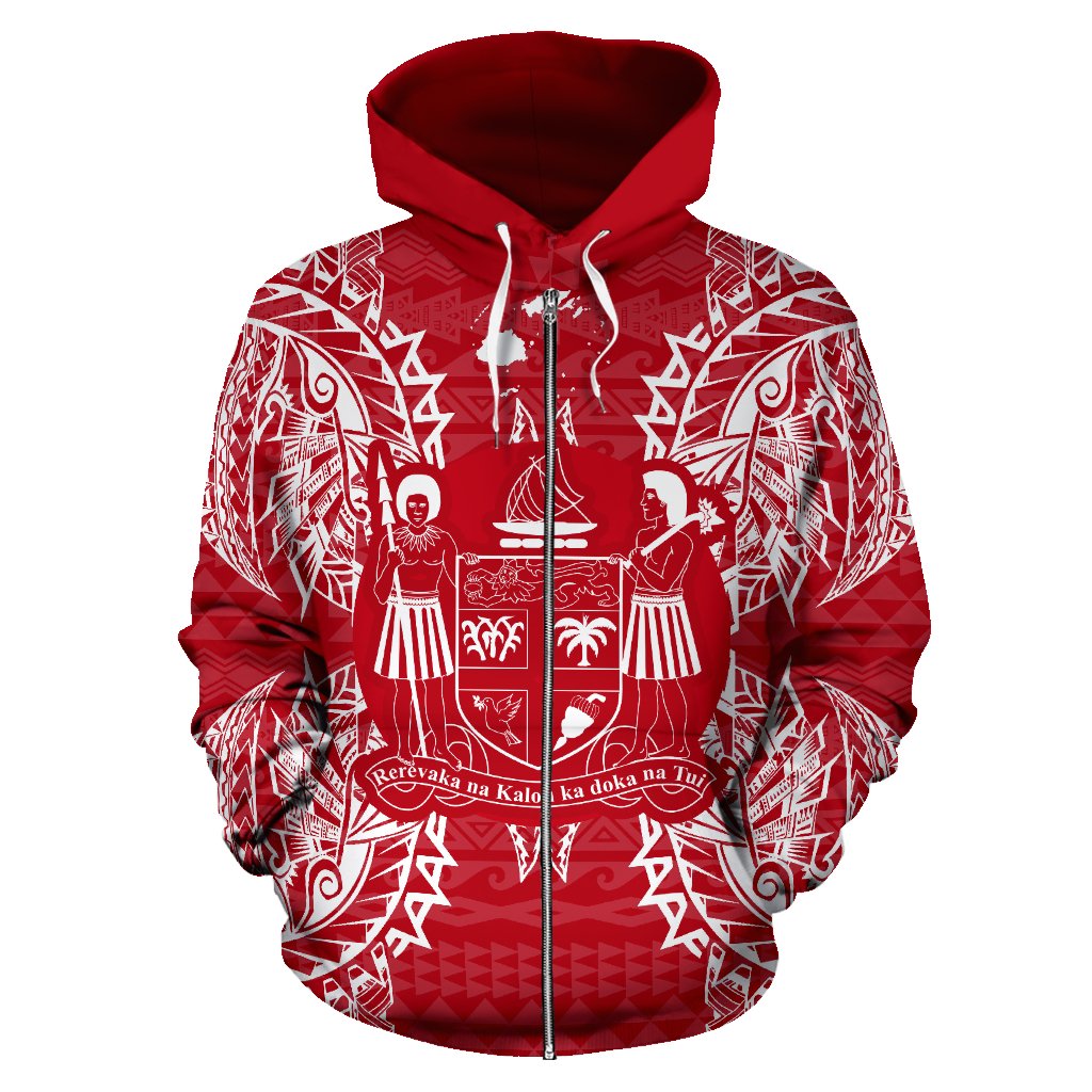 Fiji Polynesian All Over Zip up Hoodie Map Red White - Polynesian Pride