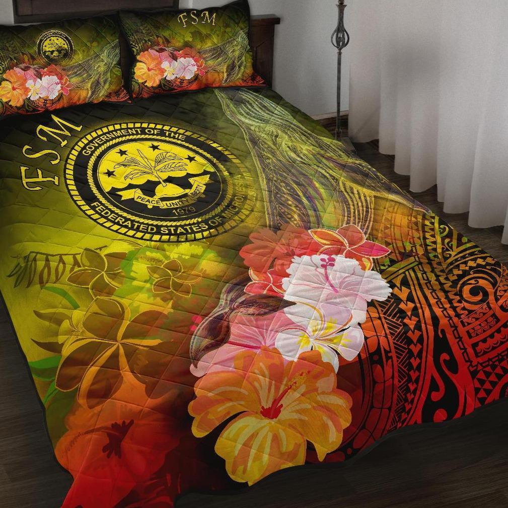 Federated States of Micronesia Quilt Bed Set - Humpback Whale with Tropical Flowers (Yellow) Yellow - Polynesian Pride