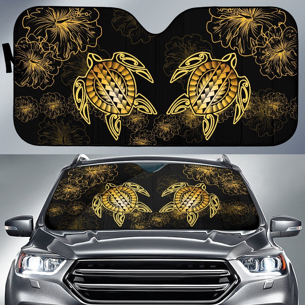 Hawaiian Turtle Hibiscus - Auto Sun Shades - Flora Style Auto Sun Shade Universal Fit Black - Polynesian Pride