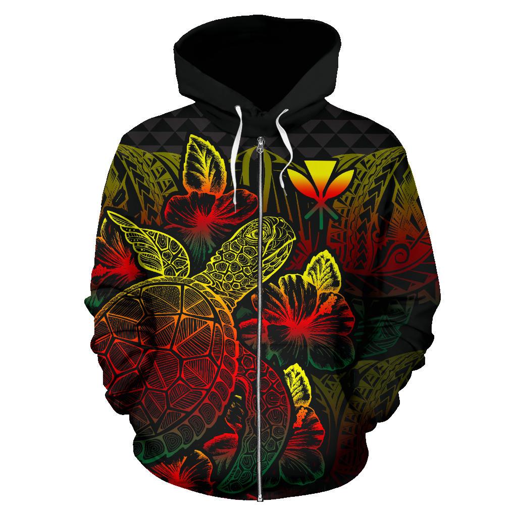 Polynesian Hawaii Zip up Hoodie Turtle Hibiscus Reggae - Polynesian Pride