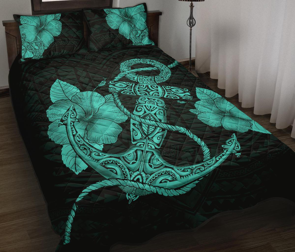 Anchor Poly Tribal Quilt Bed Set Turquoise - Polynesian Pride