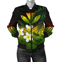 Kanaka Maoli (Hawaiian) Women's Bomber Jacket, Polynesian Plumeria Banana Leaves Reggae Women Reggae - Polynesian Pride
