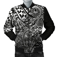 Tahiti Polynesian Men Bomber Jacket - White Turtle Hibiscus Flowing - Polynesian Pride