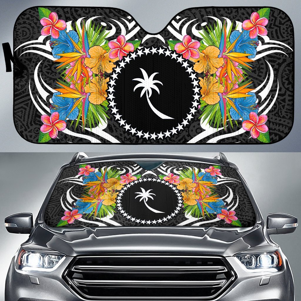 Chuuk State Auto Sun Shades - Coat Of Arms With Tropical Flowers Auto Sun Shade - Chuuk State Universal Fit Black - Polynesian Pride