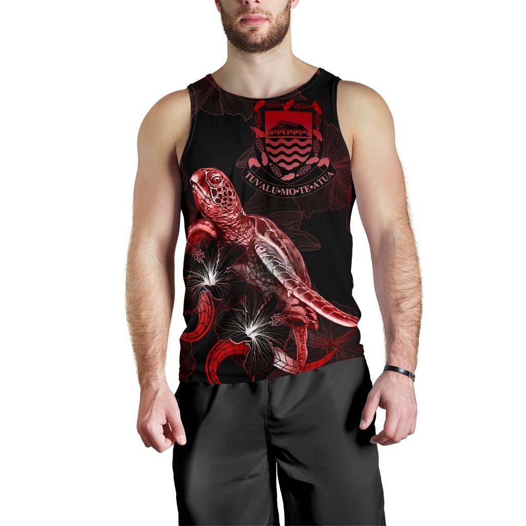 Tuvalu Men Tank Top - Turtle With Blooming Hibiscus Red - Polynesian Pride