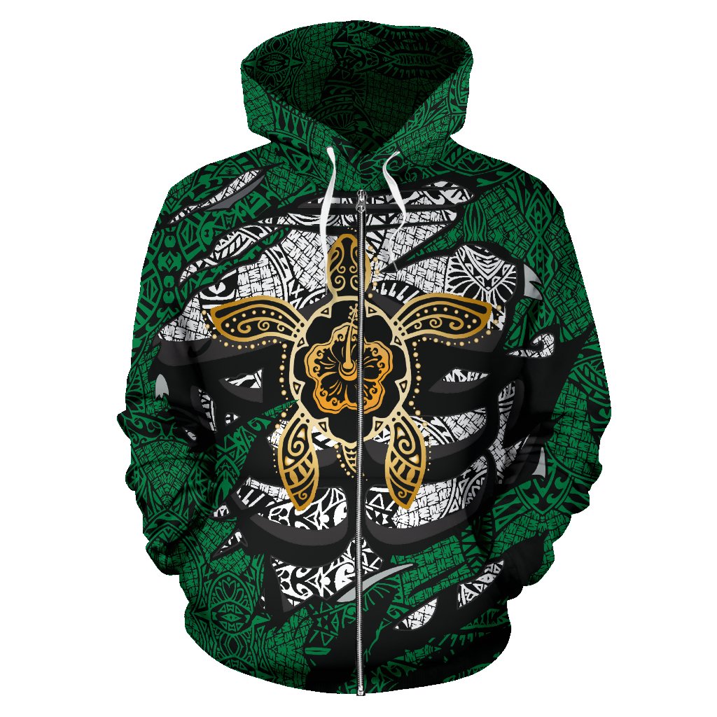 Hibiscus Polynesian Green Hawaii Turtle Hoodie (Zip) - Polynesian Pride
