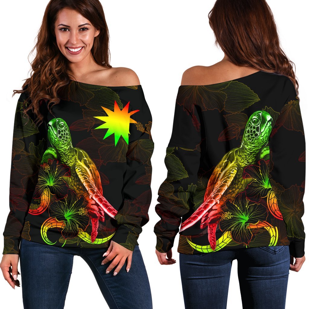 Nauru Polynesian Women's Off Shoulder Sweater - Turtle With Blooming Hibiscus Reggae Art - Polynesian Pride